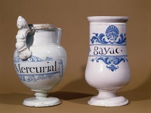 Tarros farmacéuticos para Mercurial y Gayac, dos medicinas usadas para tratar la sífilis, finales del siglo XVII o principios del siglo XVIII