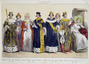 Felipe IV el Hermoso, Juana de Navarra, Clemencia de Hungría, Luis X El Obstinado, Felipe V El Largo, Juana de Boulogne, Carlos IV el Hermoso, Juana de Évreux - en “La monarquía francesa en estampas” de French School