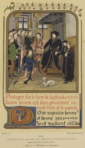 Felipe el Bueno, Duque de Borgoña, sentado en un estrado recibiendo un libro, siglo XV de French School