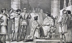 Felipe VI (1293-1350) de Valois rinde homenaje a Eduardo III (1312-77) de Inglaterra pero solo como duque de Aquitania, de 