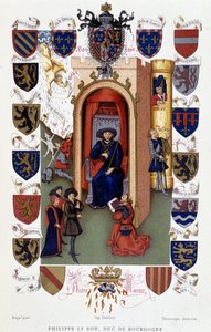 Philippe le Bon, duque de Borgoña, recibiendo la dedicatoria de un libro (escudo de armas) de French School