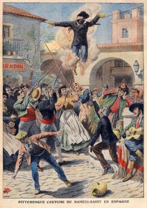 Costumbre pintoresca del Sábado Santo en España: la gente hace un maniquí de mimbre vestido con pieles (Judas) que se pasea por las calles, se le insulta, se le dispara y se quema - ilustración de 