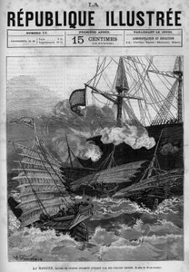 Piratería: el buque de guerra annamita "La Magune" atacado por piratas chinos. Un periódico. Grabado de 1880 en "La republique illustree". Colección privada.