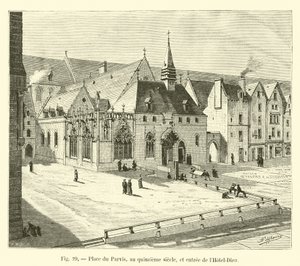 Plaza del Parvis, en el siglo XV, y entrada del Hôtel-Dieu de French School