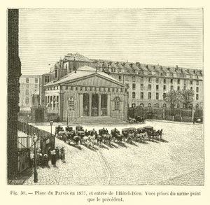 Plaza del Parvis en 1877, y entrada del Hôtel-Dieu, Vistas tomadas desde el mismo punto que la anterior