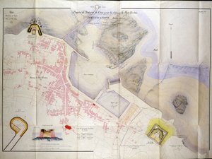 Plan para la construcción de las baterías costeras para la defensa del puerto de Bretaña en 1848 de French School