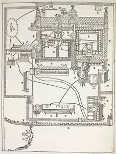 Plano del Monasterio Benedictino en Canterbury en el siglo XII, de Vida Militar y Religiosa en la Edad Media por Paul Lacroix, publicado en Londres c.1880 de French School