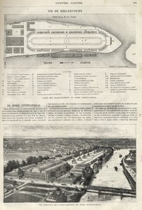 Plano del establecimiento del Deporte Internacional, que debe construirse en la isla de Billancourt en 1869 - vista general de los establecimientos de deporte internacional en la isla de Billancourt en 1869 de French School