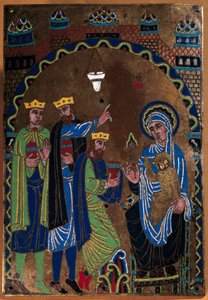 Placa del altar mayor de la abadía de Grandmont: Adoración de los Magos. Esmalte doré y chiselé sobre cobre. 1275-1300. Procedente de Limoges. París, Museo Nacional de la Edad Media, Thermes de Cluny de French School