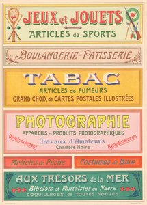 Placa n° 20: Modelos de señalización para pintor de letras Art Nouveau (Juegos y juguetes, Panadería-Pastelería, Tabaco, Fotografía)