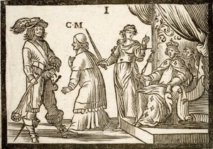 Panfletos políticos Mazarinade: Mazarino desterrado por la Justicia y la Fronda, deja al Rey (Luis XIII). Grabado en madera 1651.