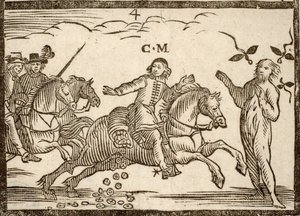 Folletos políticos Mazarinade: Mazarin en su huida deja caer escudos: la sombra de Concini, Mariscal de Ancre, se presenta ante él. Grabado en madera 1651 de French School
