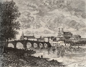 Pont-a-Mousson - Meurthe-et-Moselle - grabado en “La France illustree: geographie, histoire, administración statistique” por V.-A. Malt-Brown. 1884
