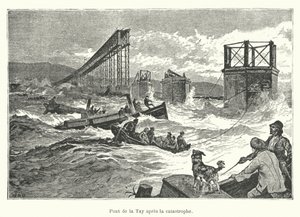 Puente de Tay después de la catástrofe (grabado) de French School