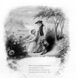 Pobre Jacques. Una joven se arrodilla ante las flores cerca de un jardinero. Grabado en “Cantos y canciones populares de Francia”, Tomo 2 de French School