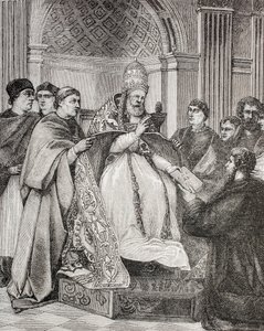 El Papa Gregorio IX entregando las Decretales a un abogado del Consistorio, de 