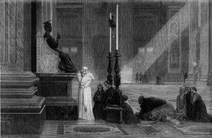 El Papa Pío IX (1792-1878) rezando cerca de la estatua de San Pedro en la Basílica de San Pedro en Roma. Grabado de 