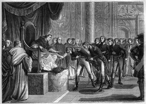El Papa Pío VII (1742-1823) recibiendo en Roma a los marineros franceses miembros de las tripulaciones de los dos barcos Saint Peter y Saint Paul ofrecidos como regalo al Papa por Bonaparte, agosto de 1802 - Grabado de 1865 en Histoire du Consulat et de l