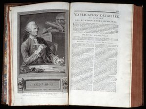 Retrato de Alembert y una página de texto de la Enciclopedia de Diderot y Alembert de French School