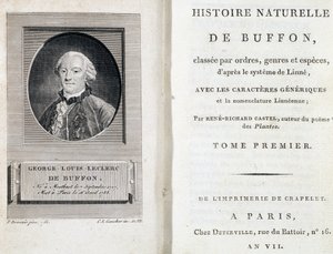 Retrato de Buffon y portada de la "Historia Natural de Buffon" clasificada por órdenes, géneros y especies, según el sistema Linné. de French School