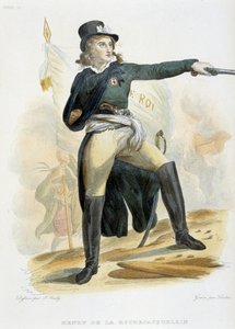 Retrato de Henri du Vergier, conde de La Rochejaquelein (u Orchard de La Rochejacquelein) (1772-1794) con la bandera "live le roi" (en el pecho la insignia de los Vendeens) - en "Le Plutarque Français" de Mennechet, Volumen 8 1841