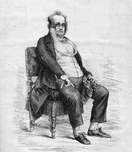 Retrato de Henry Monnier (1799-1877), dramaturgo, dibujante y comediante francés. Está vestido como “Monsieur Prudhomme”, un personaje inventado por Monnier, una caricatura de la burguesía francesa en el siglo XIX. Grabado en “Le Monde Illustré” n°1031.