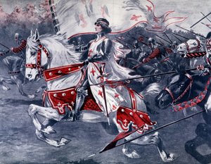 Retrato de Juana de Arco a caballo con bandera real, finales del siglo XIX en Francia de French School