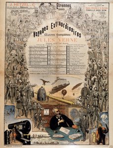 Retrato de Jules Verne y escenas de sus obras - Cartel publicitario de sus obras completas