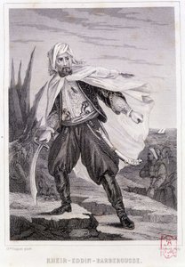 Retrato de Kheir - Eddin - Barbarroja, pirata turco del siglo XVI - en "Historia de los piratas y corsarios del Océano y del Mediterráneo" por P. Christian, París, ed. D. Cavaillès, Volumen 1 de French School