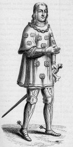 Retrato de Louis de Malet, señor de Graville (ca. 1441-ca. 1519), almirante de Francia en 1487, en traje de guerra y torneo. Grabado en “La Marina y las colonias: comercio” de French School