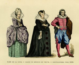 Retrato de María de Médicis (1573-1642), reina de Francia, en hábito de viuda, rodeada por una dama de la corte y un caballero, circa 1620. Grabado en color, en “Francia y los franceses a través de los siglos” de Augustin Challamel, editor F. Roy, París 18