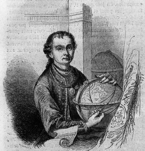Retrato de Pierre (Peter) Anich (1723-1766), astrónomo y cartógrafo tirolés, sosteniendo un globo y un compás. Grabado en 