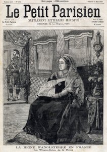 Retrato de la Reina Victoria de Inglaterra (1819-1901), viajando por Francia en su Vagón Salón. Portada del periódico francés Le Petit Parisien. 21 de marzo de French School