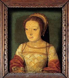 Retrato de Renée de Francia, hija de Luis XII, Duquesa de Ferrara (1510 - 1575). Óleo sobre madera, 0,16 x 0,13 m. pintura anónima. Escuela francesa del siglo XVI de French School