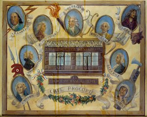 Retrato de personajes históricos y vista del café parisino Le Procope: Benjamin Franklin, Jean Jacques Rousseau, Voltaire, Jean D