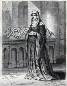 Retrato de la monja benedictina que habría sido la amante y hermana del Papa Gregorio XII y la madre de Eugenio IV (Gabriele Condulmer 1383-1447). Grabado en “Historia de los Papas (...) Crímenes de los Reyes y Emperadores a través de los siglos” por Mauri