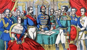 Retrato de los soberanos de Europa durante el Tratado de Paz en 1856: de izquierda a derecha, Víctor Manuel II (Víctor Manuel) (Vittorio Emanuele), Rey de Cerdeña, Victoria, Reina de Inglaterra, Napoleón III, Emperador Turco, Alejandro II, Rey de Rusia de French School