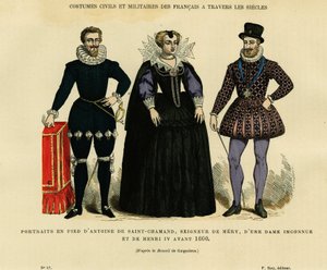 Retratos anteriores a 1600, de Antoine de Saint Chamand, señor de Mery sur Oise, y del rey de Francia Enrique IV (1553-1610), rodeando a una mujer desconocida. Grabado en colores según el dibujo de Gaignieres, en "France et les francais à travers les siecl de French School