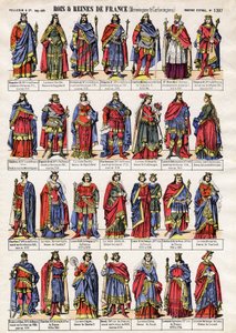 Retratos de los reyes y reinas de Francia de la Dinastía de los Merovingios y Carolingios. Imágenes de Épinal finales del siglo XIX. Colección privada. de French School
