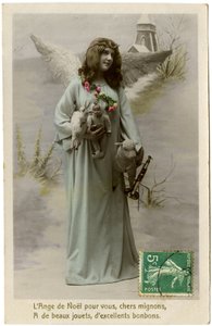 Postal: El ángel de Navidad para ti, querido lindo, tiene hermosos juguetes, excelentes dulces de French School