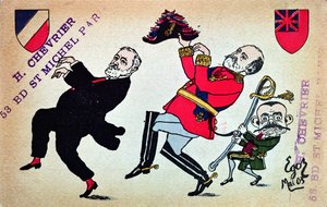 Postal que representa al Presidente Loubet (1838-1929), al Rey Eduardo VII (1841-1910) y a Théophile Delcassé (1852-1923), mayo de 1903 de French School