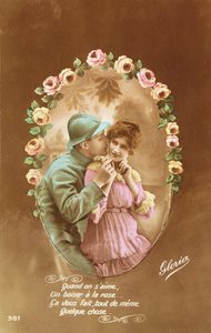 Postal que representa a un soldado francés y su amante, 1914-18 de French School