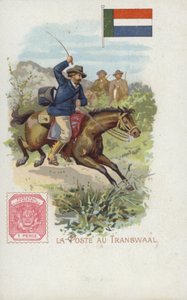 Tarjeta postal que representa a un cartero a caballo en el Transvaal de French School