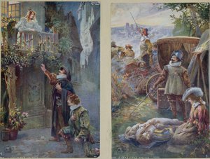 Postales que representan a Cyrano de Bergerac con Roxanne y la Muerte de Christian, c.1900 de French School
