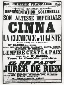 Póster anunciando una actuación en la Comédie-Française el 22 de octubre de 1852, de la tragedia Cinna de Corneille, seguida de un recital del poema L