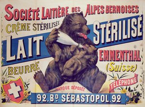 Póster publicitario de leche esterilizada, mantequilla y queso Emmental de la Société Laitière des Alpes Bernoises, 1895-1900
