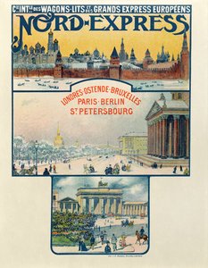Cartel publicitario de la Compagnie des Wagons-Lits et des Grands Express Européens, de Londres a San Petersburgo, principios del siglo XX