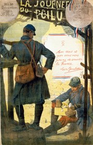 Póster para "La jornada del poilu - 25 y 26 de diciembre de 1915" con la cita de Léon Gambetta "Con ustedes y por ustedes juramos salvar a Francia". (un peludo abriendo la caja recibida de su familia).
