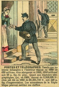 Correos y telégrafos, ilustrando el buen funcionamiento de las telecomunicaciones y la Oficina de Correos gracias a la República. Grabado, en "Le Figaro, suplemento", el 30/03/1889, París. Coll. Selva. de French School