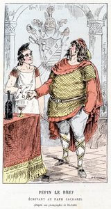Pepino el Breve escribiendo al Papa Zacarías - en "Historia de Francia Tintamarresque" de Touchatout de French School